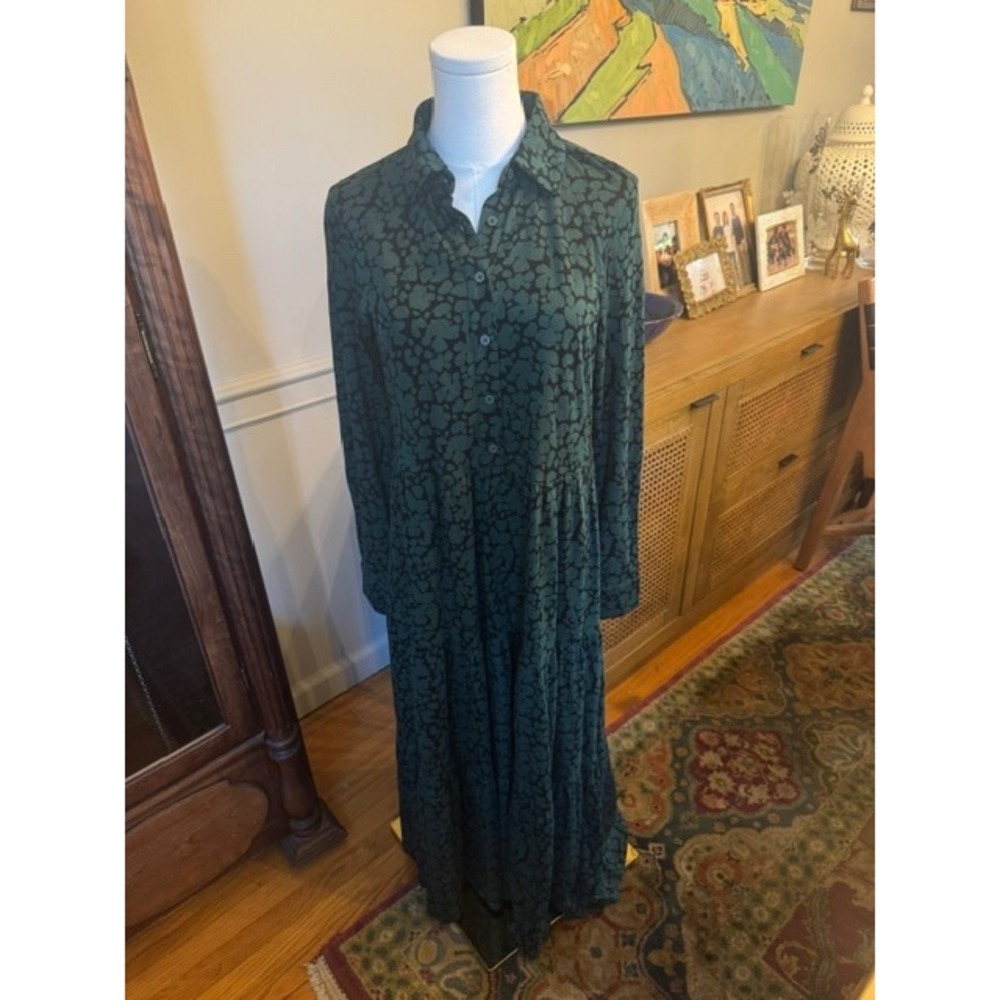 Boden Green Black Abstract Floral Tiered Maxi Shirt Dress D0337 US 6R NWT